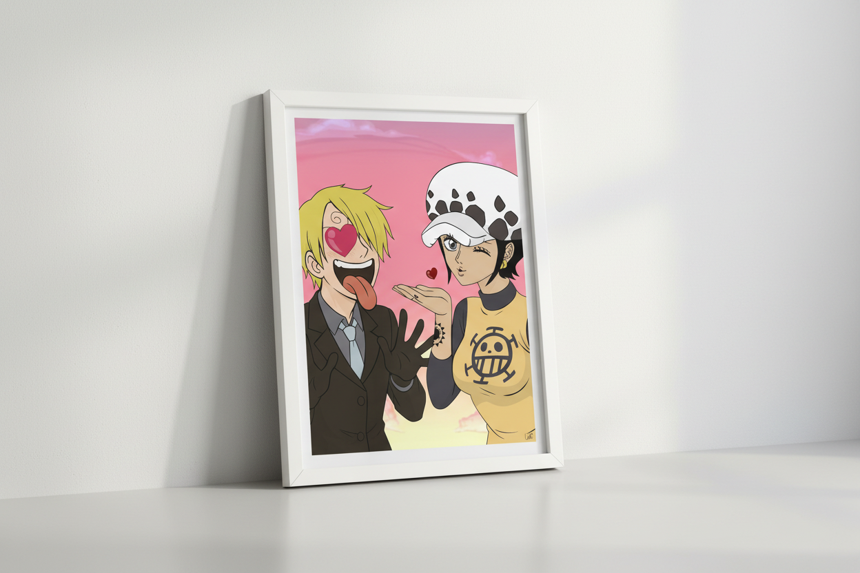 Two animated characters with a heart symbol on a pink background