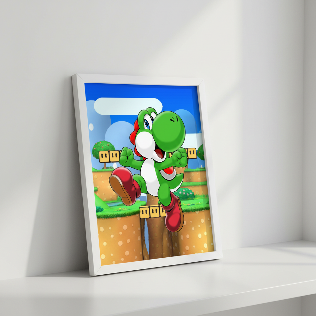 Cartoon character in a green shell with red shoes and white face, jumping on a platform with a blue sky and trees in the background.